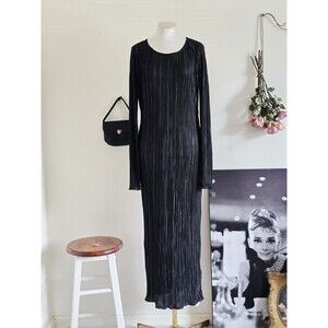 Commense Black Satin Long Sleeve Maxi Bodycon Dress Classic Minimalist M